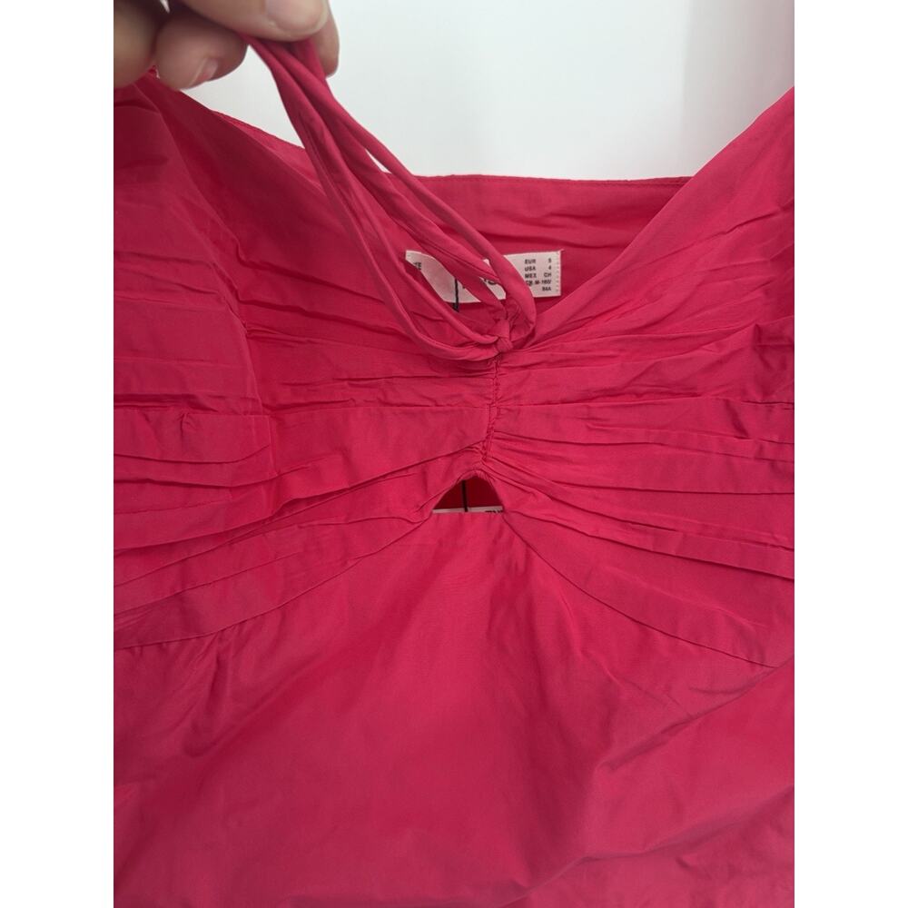 MANGO Hot Pink Ruched Crop Top Small NWT Fitted Y2K Chic Puff Sleeve Barbiecore - Picture 10 of 16